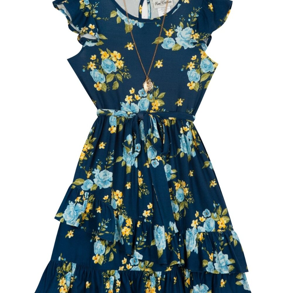 NWT Rare Editions Big Girls Tiered Belted Dress with Necklace 14